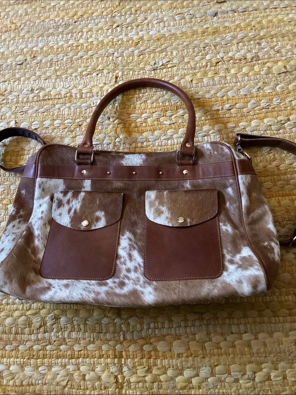Brown and White Cowhide Leather Messenger Tote with Front Pockets